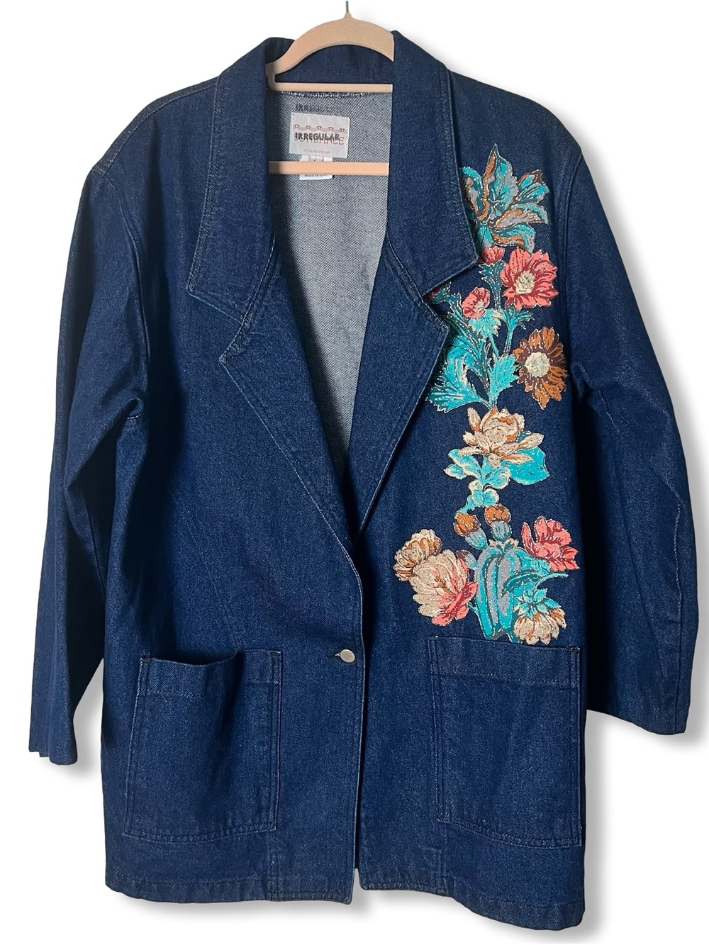 Sundance Denim Wear Vintage Cactus Floral Glitter Chore Coat Blue 90s Sz. L‎